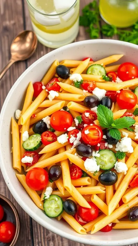 A colorful Mediterranean penne pasta salad with tomatoes, cucumbers, olives, and feta cheese in a bowl.