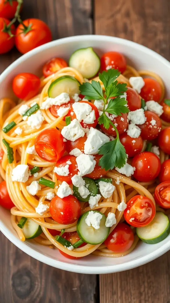 Mediterranean Spaghetti Pasta Salad Recipe Mediterranean spaghetti pasta salad with cherry tomatoes, cucumbers, olives, and feta cheese in a bowl.