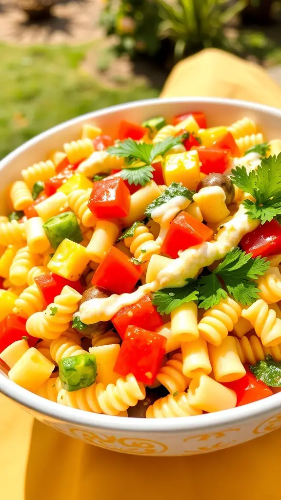 A colorful Hawaiian pasta salad with bell peppers, pineapple, and rotini pasta in a sunny outdoor setting.
