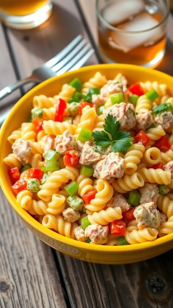 Classic Pasta Tuna Salad Recipe A colorful bowl of pasta tuna salad with rotini, tuna, celery, and bell peppers, garnished with parsley on a wooden table.
