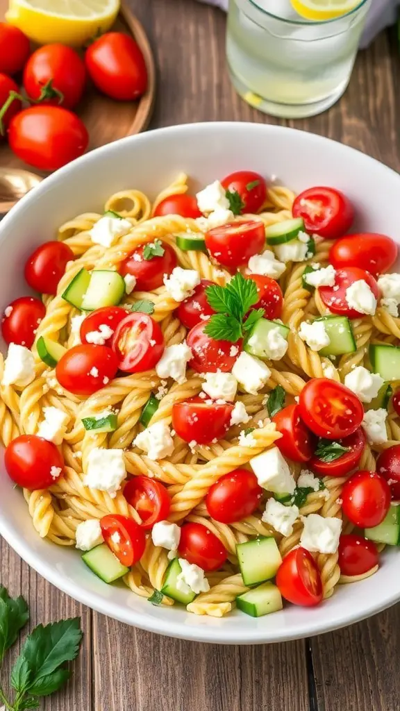 Mediterranean Vegetarian Pasta Salad Recipe A vibrant Mediterranean pasta salad with tomatoes, cucumbers, olives, and feta cheese in a bowl, garnished with parsley.