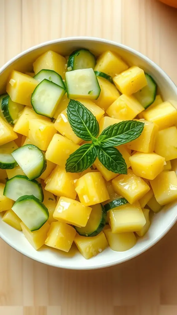 A colorful pineapple cucumber salad with mint and lime dressing in a bowl on a wooden table.