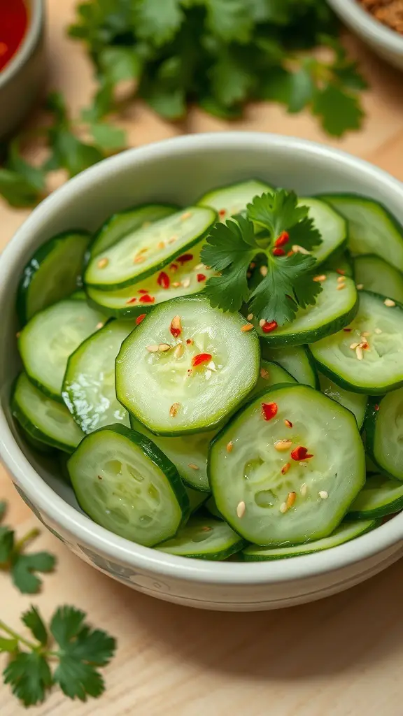 A bowl of spicy cucumber salad with sliced cucumbers, chili flakes, and sesame seeds, garnished with cilantro.