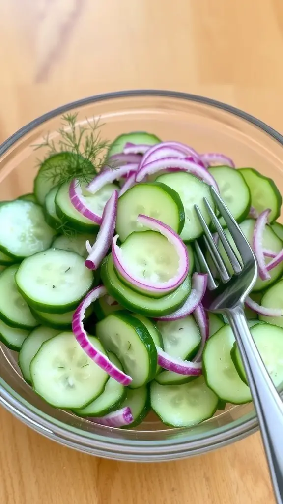 A refreshing cucumber salad with sliced cucumbers and red onions, garnished with dill in a glass bowl.