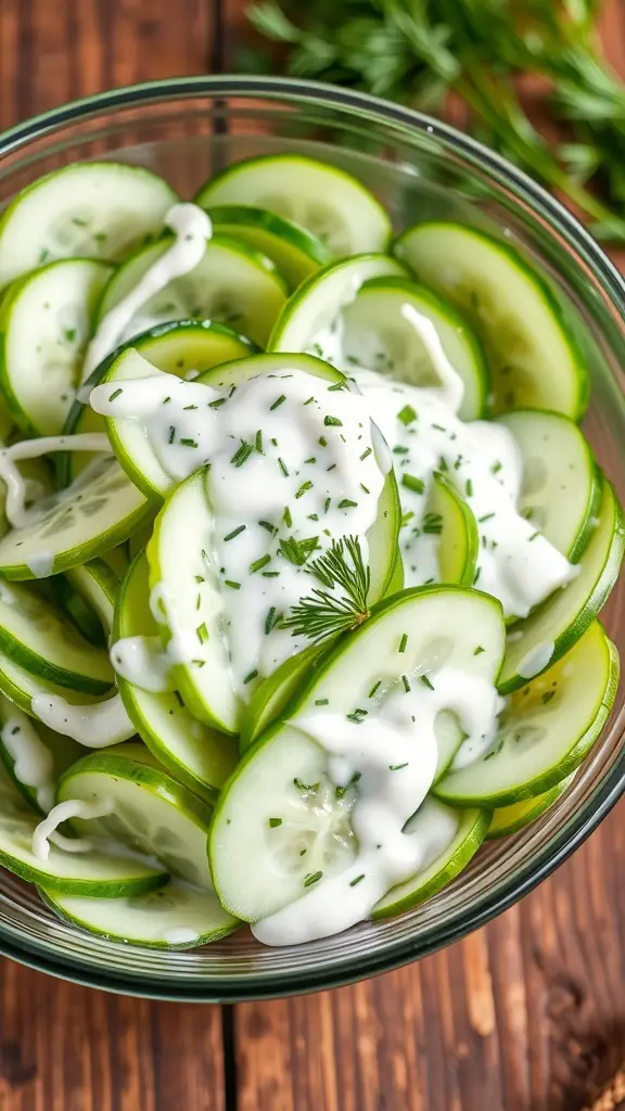 Refreshing Cucumber Dill Salad Recipe A refreshing cucumber dill salad with yogurt dressing and fresh dill in a glass bowl on a wooden table.