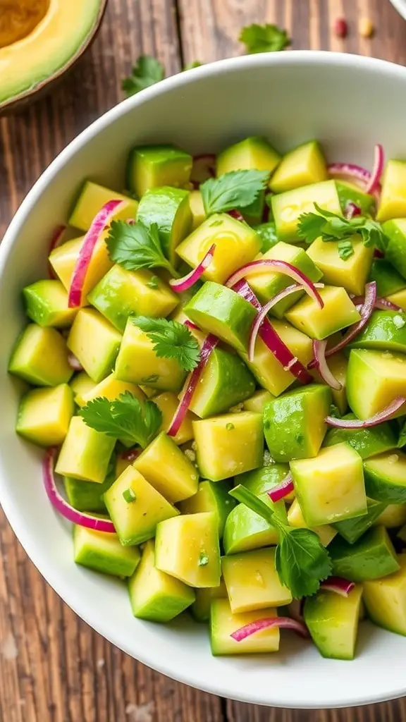 A colorful cucumber avocado salad with diced cucumbers, avocados, and cilantro in a white bowl on a wooden table.