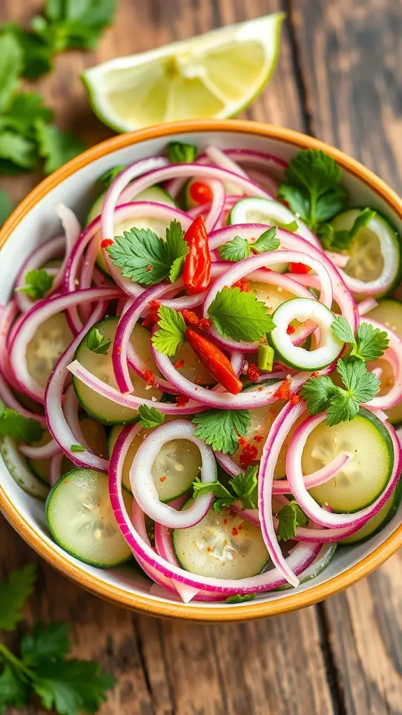 A colorful Thai cucumber salad with cucumbers, red onion, cilantro, and mint, garnished with chili flakes on a wooden table.