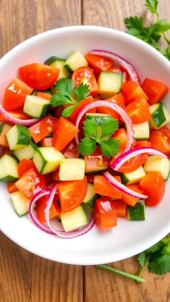 Refreshing Cucumber and Tomato Salad Recipe A colorful cucumber and tomato salad with parsley on a rustic table.