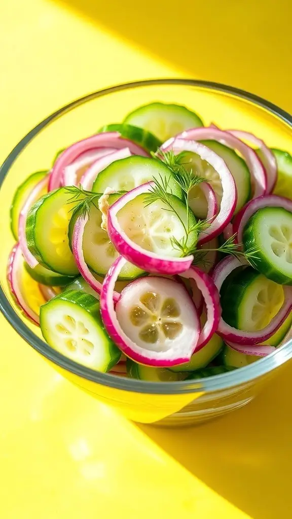 A refreshing cucumber onion salad with sliced cucumbers and red onions, garnished with dill in a glass bowl.