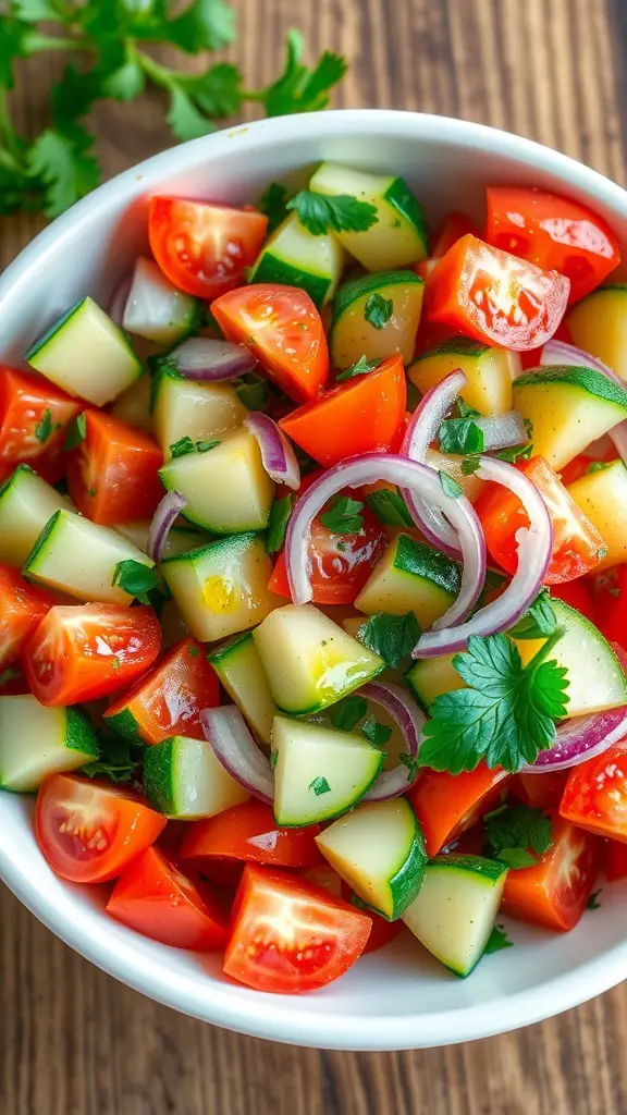 A colorful cucumber tomato salad with diced cucumbers, tomatoes, red onions, and parsley in a bowl on a wooden table.