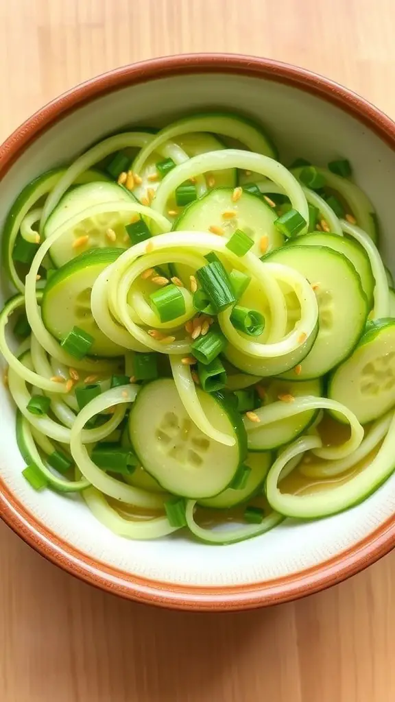 A bowl of Japanese cucumber salad with sliced cucumbers, sesame seeds, and green onions on a wooden table.