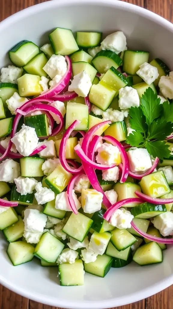 A colorful cucumber feta salad with diced cucumbers, feta cheese, and red onion in a bowl, garnished with parsley.