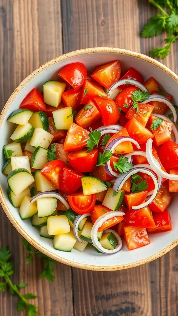 A refreshing salad with diced tomatoes, cucumbers, and onions, garnished with herbs on a wooden table.