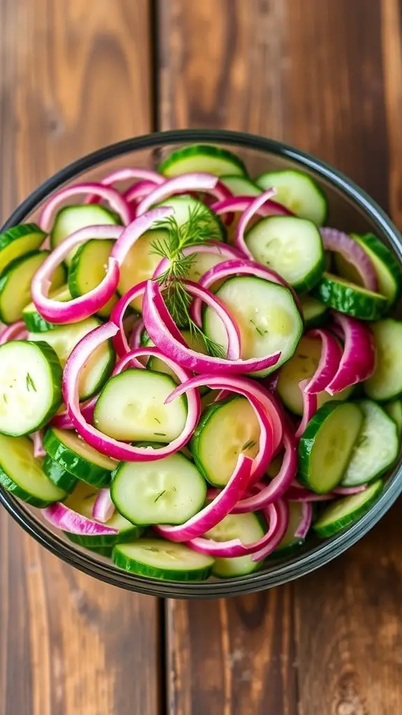 A fresh Logan cucumber salad with cucumbers, red onions, and dill in a bowl on a wooden table.