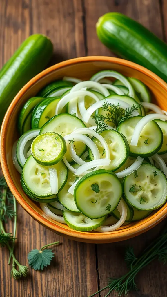 A bowl of German cucumber salad with sliced cucumbers and onions in vinegar dressing, garnished with dill on a wooden table.