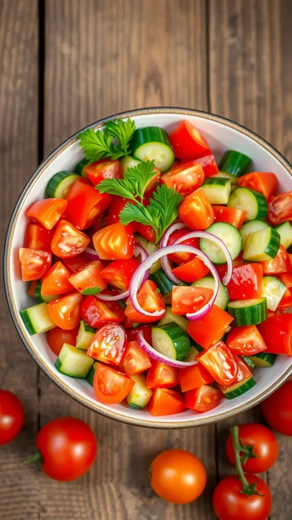 A vibrant tomato and cucumber salad with red onions and parsley in a bowl on a wooden table.