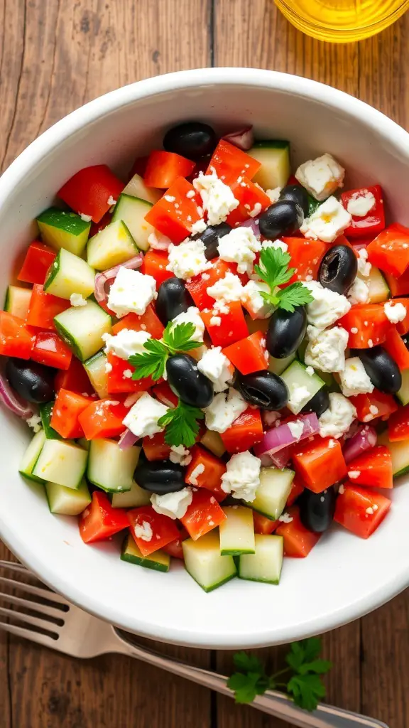A colorful Greek cucumber salad with cucumbers, tomatoes, red onion, feta cheese, and olives in a bowl.