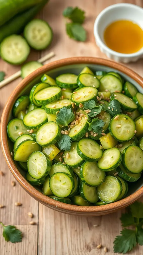 A colorful smashed cucumber salad with sesame seeds and herbs in a rustic bowl on a wooden table.
