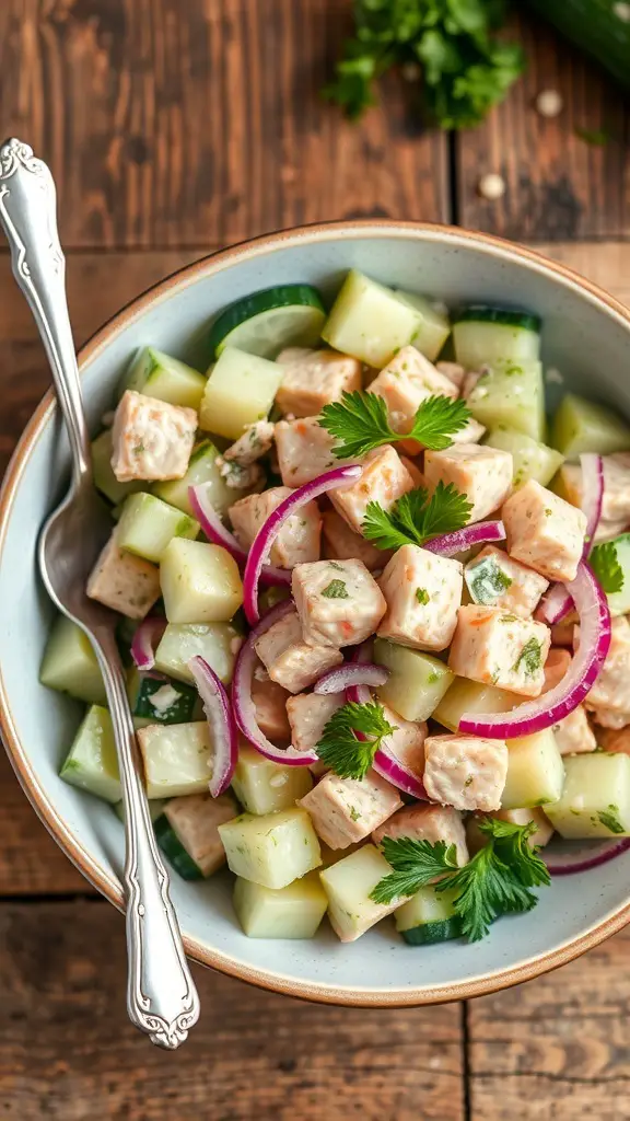 A colorful tuna cucumber salad with cucumbers, tuna, and red onion, garnished with parsley, on a wooden table.