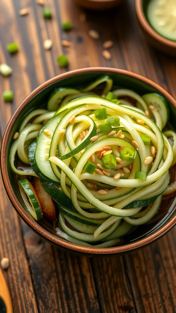 A refreshing Chinese cucumber salad with sliced cucumbers, green onions, and sesame seeds in a bowl.