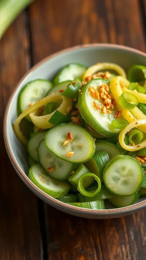A refreshing Asian cucumber salad with sliced cucumbers, sesame seeds, and green onions in a bowl.