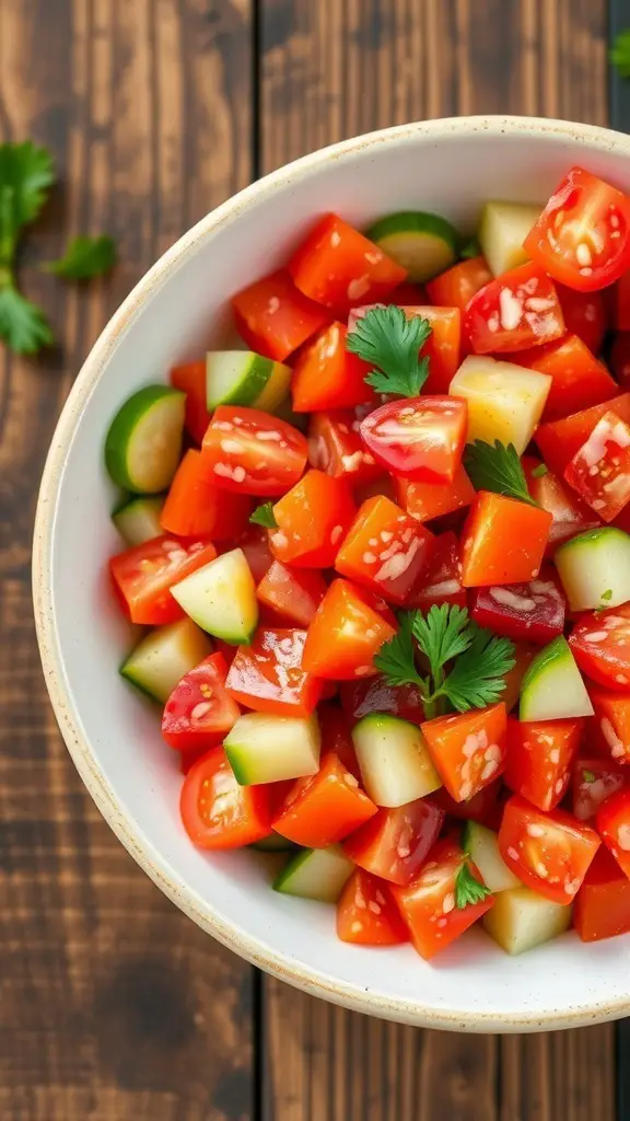 A colorful bowl of tomato and cucumber salad with vinaigrette and parsley on a wooden table.