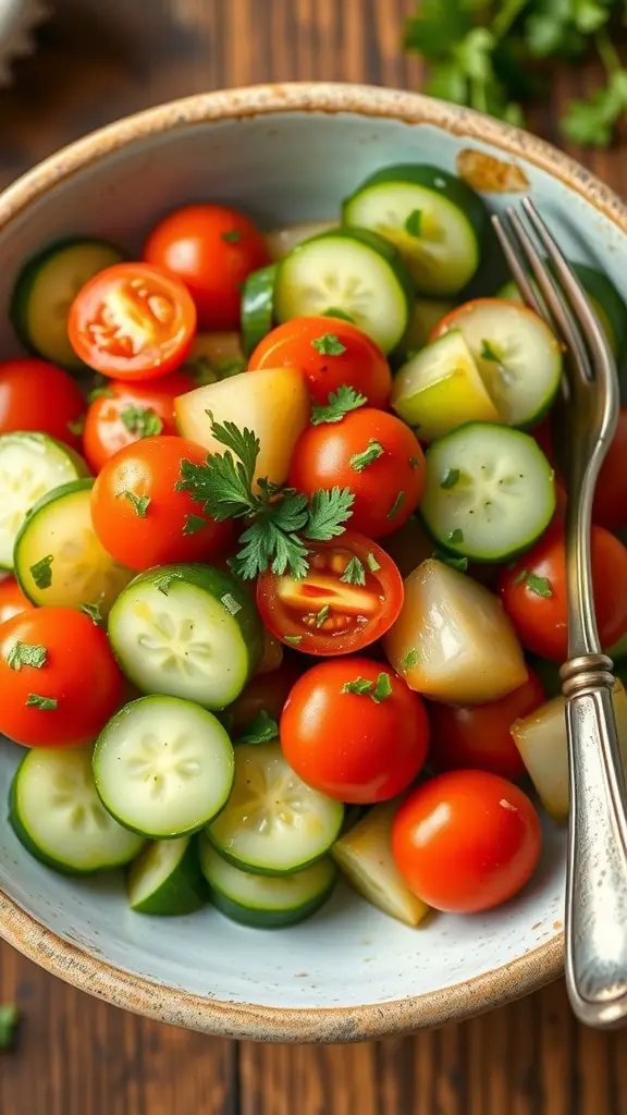 A refreshing healthy cucumber salad with cucumbers, cherry tomatoes, and parsley in a rustic bowl.