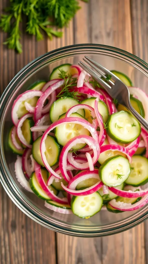 Cucumber onion salad with vinegar dressing in a glass bowl, garnished with dill on a wooden table.