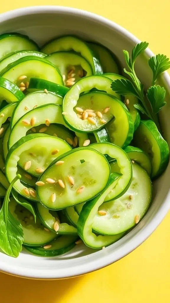 A refreshing cucumber salad with sliced cucumbers, sesame seeds, and herbs in a bowl.