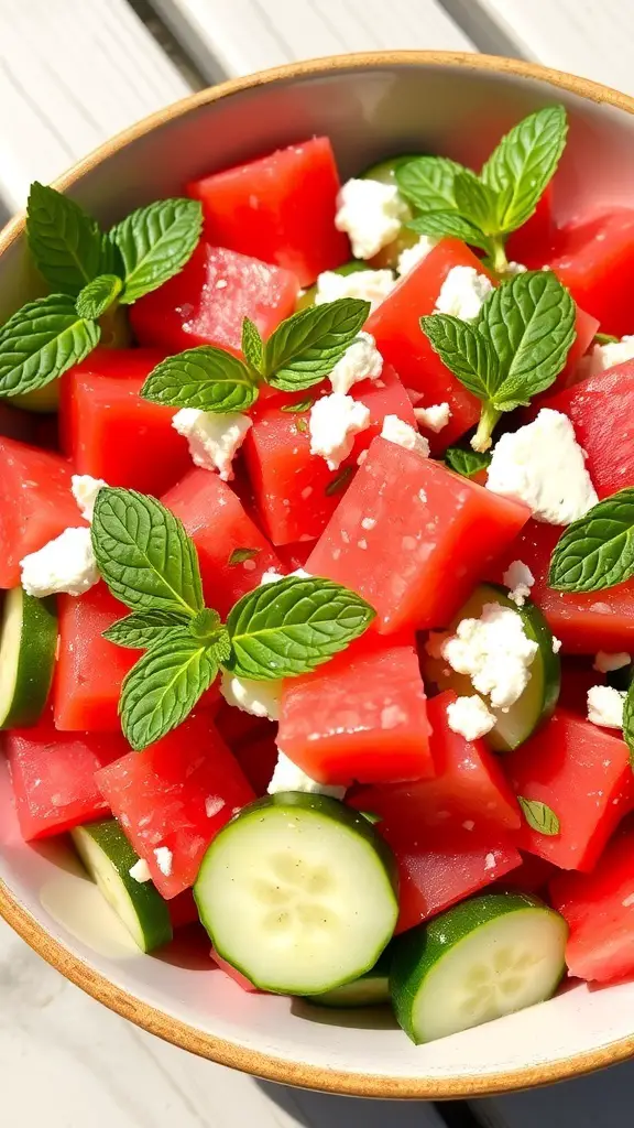 A colorful watermelon cucumber salad with mint and feta cheese in a bowl, set in a sunny outdoor environment.