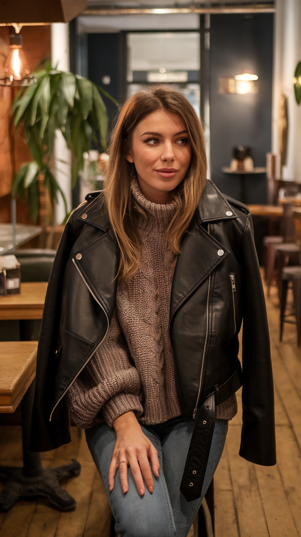 A woman wearing a black leather jacket over a cozy sweater, sitting in a stylish cafe.