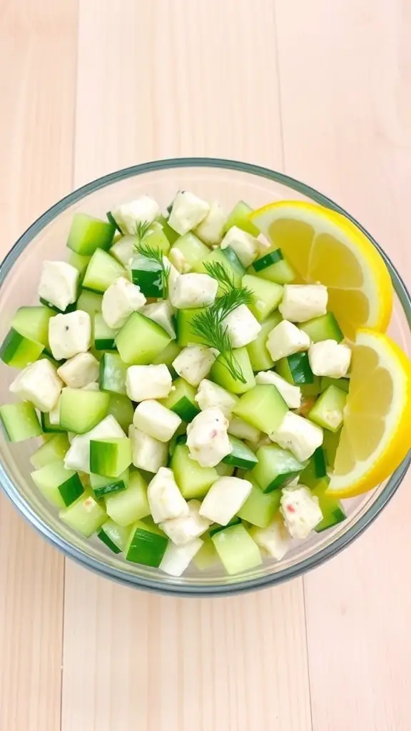 A refreshing cucumber crab salad with diced cucumbers, crab meat, and herbs in a glass bowl, garnished with dill and lemon.