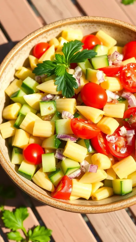 A refreshing cucumber pasta salad with cucumbers, cherry tomatoes, and red onion in a rustic bowl on a picnic table.
