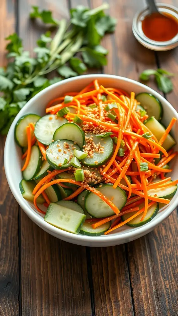 Crisp Cucumber Asian Salad Recipe A refreshing cucumber Asian salad with cucumbers, carrots, sesame seeds, and green onions in a white bowl on a wooden table.