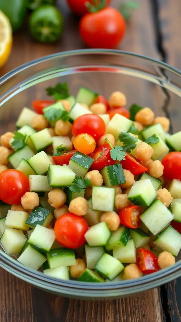 A bowl of cucumber chickpea salad with diced cucumbers, cherry tomatoes, and parsley on a wooden table.