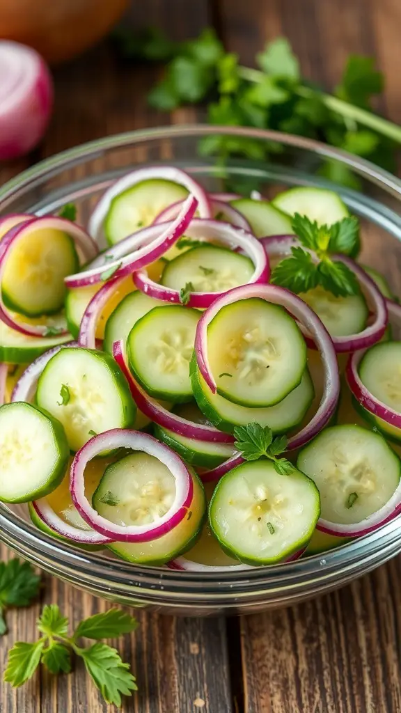 A refreshing cucumber salad with sliced cucumbers, red onions, and herbs in a clear bowl on a wooden table.