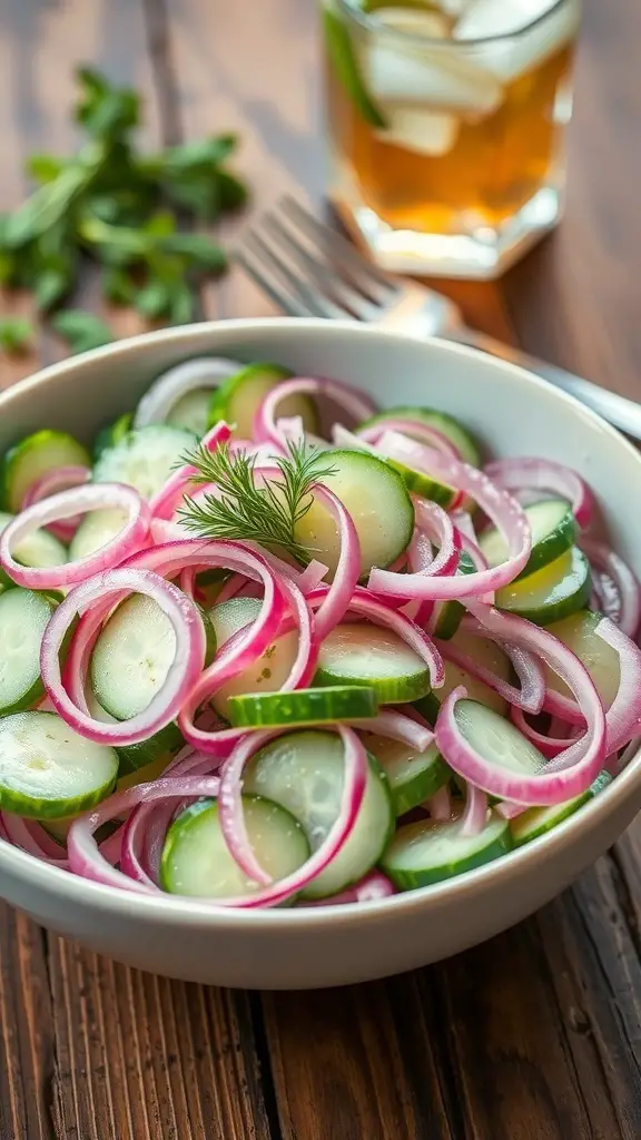 Refreshing Cucumber and Onion Salad Recipe A colorful cucumber and onion salad with fresh dill on a wooden table.