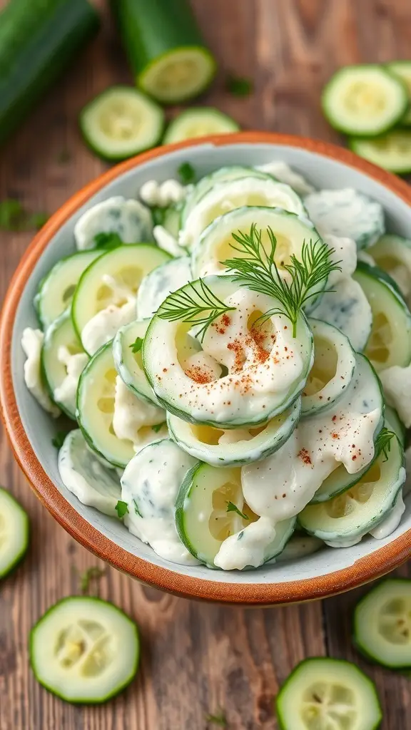 Refreshing Creamy Cucumber Salad with Mayonnaise A bowl of creamy cucumber salad with mayonnaise, garnished with dill, on a wooden table.