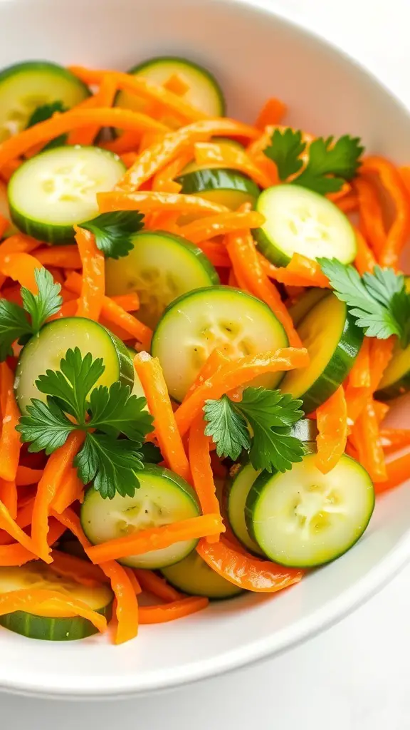 A colorful cucumber carrot salad with sliced cucumbers, grated carrots, and parsley in a bowl.