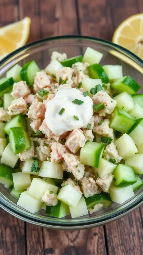 A bowl of cucumber tuna salad with diced cucumbers, tuna, and herbs on a wooden table.