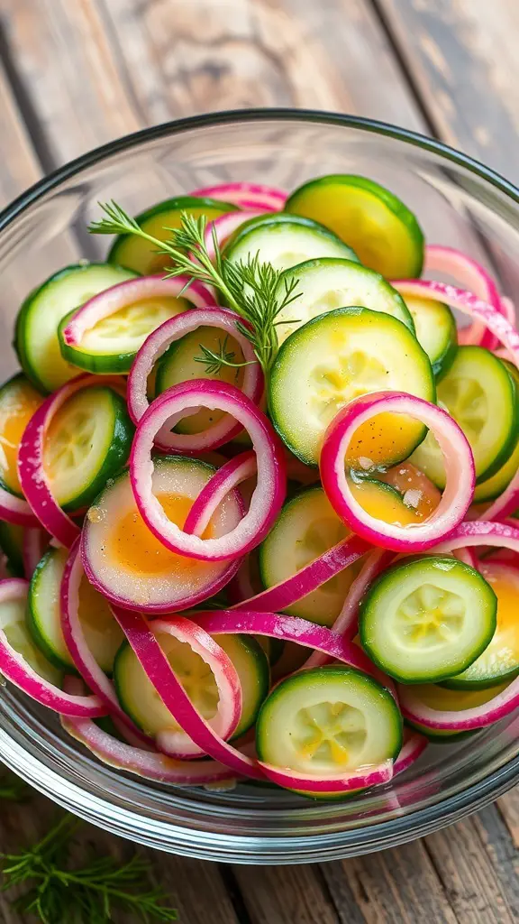 A refreshing cucumber vinegar salad with sliced cucumbers and red onions, garnished with dill, in a clear bowl on a wooden table.