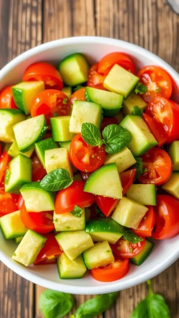 A fresh cucumber tomato avocado salad in a bowl, garnished with herbs on a wooden table.