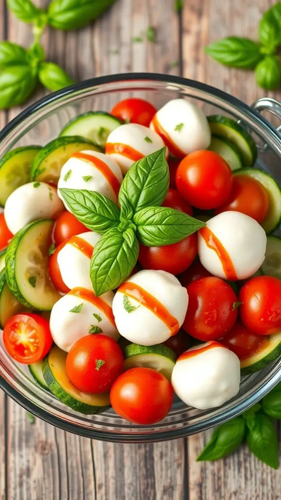 Refreshing Cucumber Caprese Salad Recipe A colorful cucumber caprese salad with cucumbers, tomatoes, mozzarella, and basil, drizzled with balsamic glaze.