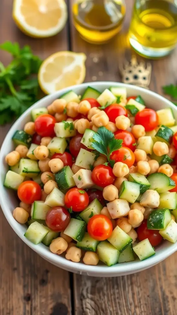 A colorful chickpea cucumber salad with cucumbers, chickpeas, and tomatoes, garnished with parsley on a rustic table.