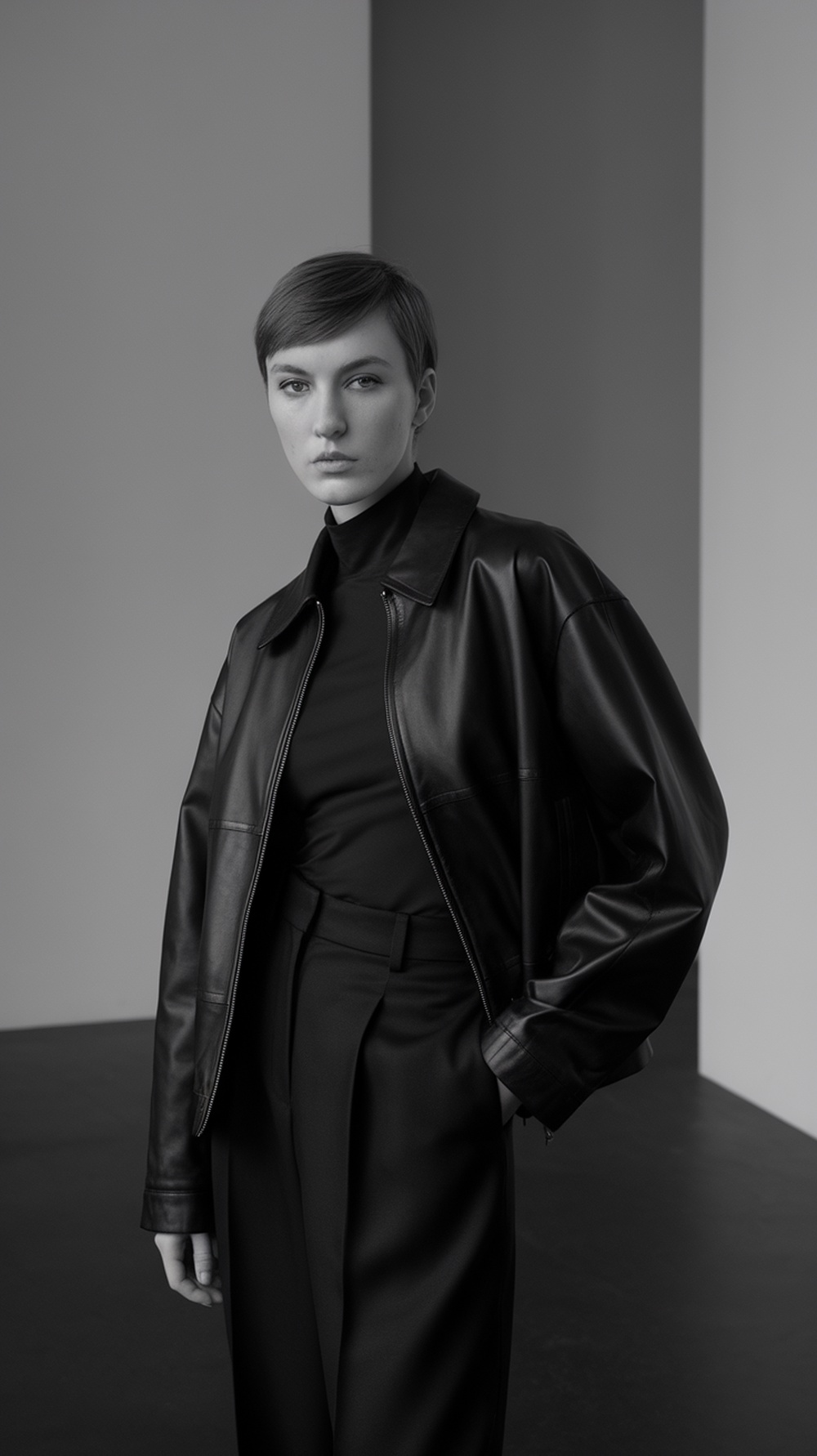 A model wearing a black leather jacket over a black turtleneck and black trousers, showcasing a classic monochrome outfit.