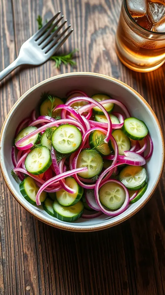 A bowl of cucumber salad with sliced cucumbers and red onions in vinegar dressing, garnished with dill on a rustic table.