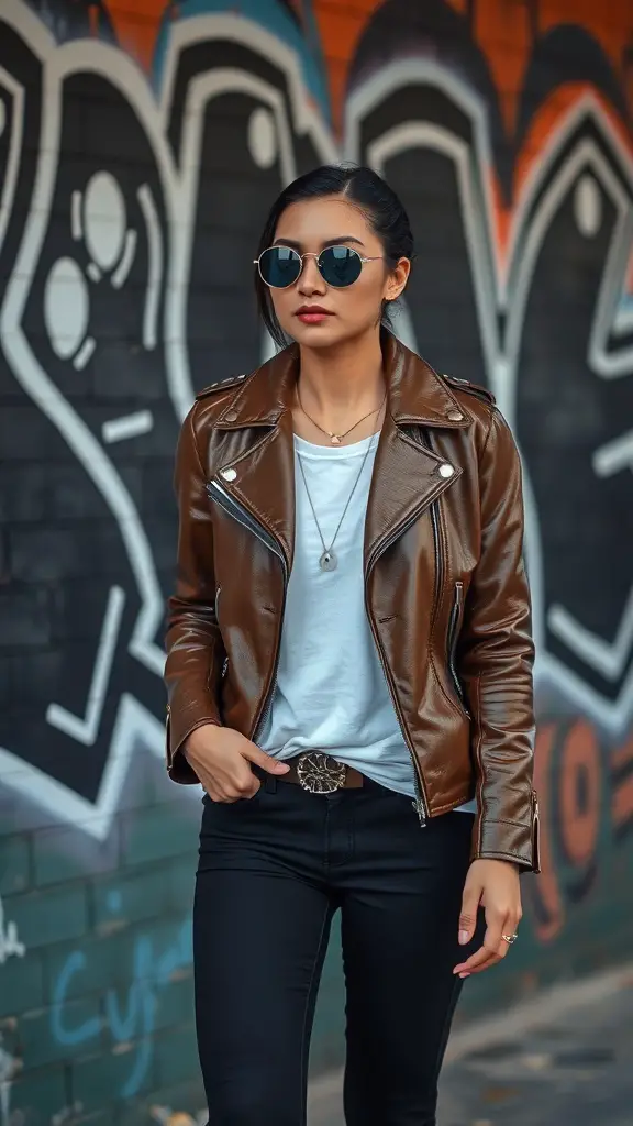 A brown leather jacket worn with black ripped jeans and a turtleneck, set against a graffiti wall.