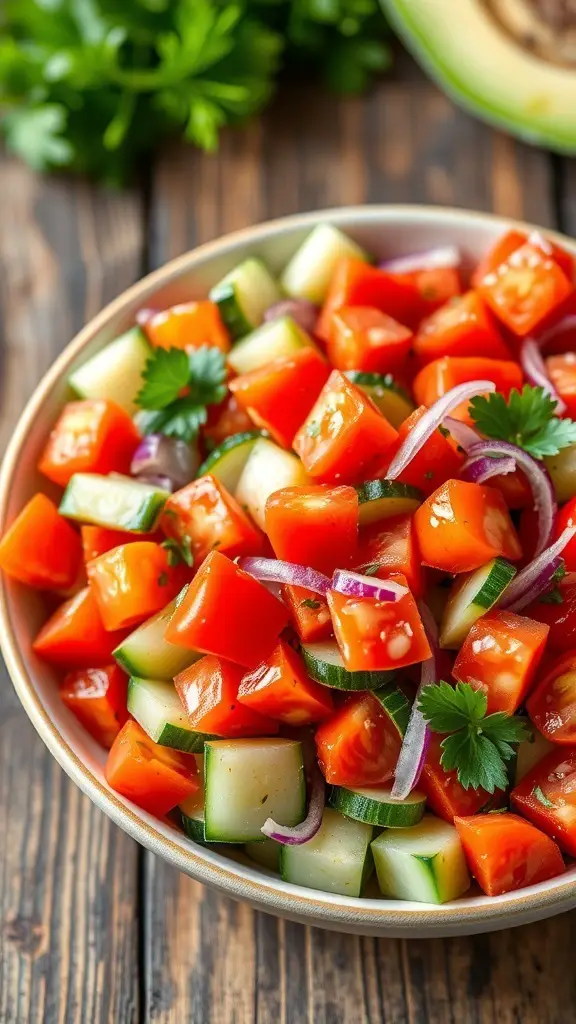 A colorful tomato cucumber salad with diced tomatoes, cucumber slices, red onion, and parsley in a bowl on a wooden table.
