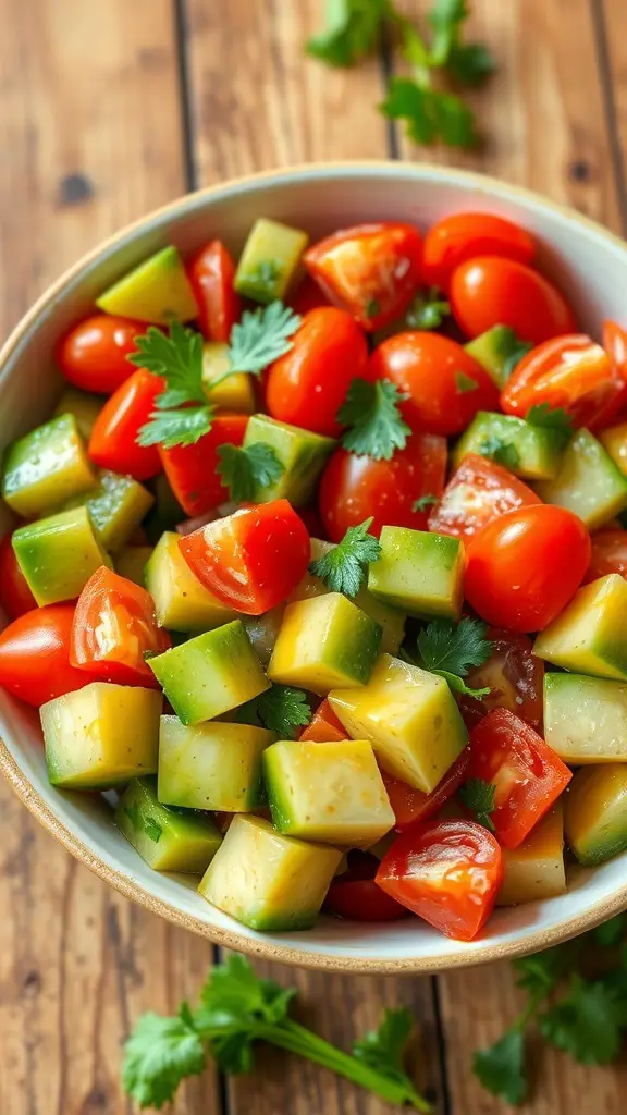 A colorful avocado tomato cucumber salad with diced avocados, tomatoes, and cucumbers, garnished with cilantro.