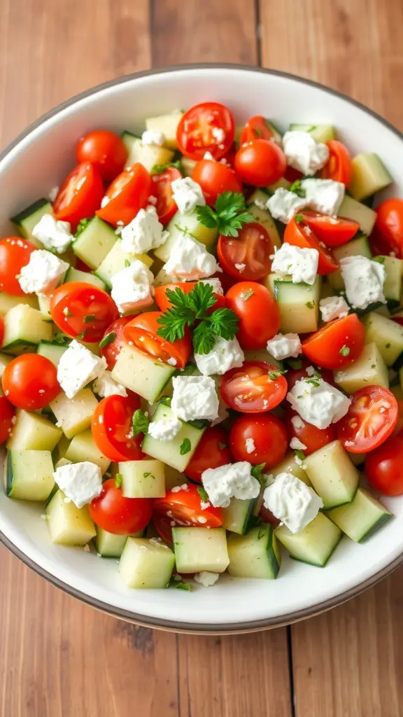 A bowl of Mediterranean cucumber salad with cucumbers, tomatoes, feta cheese, and parsley on a wooden table.